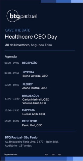 Save the Date do Healthcare CEO Day do BTG Pactual