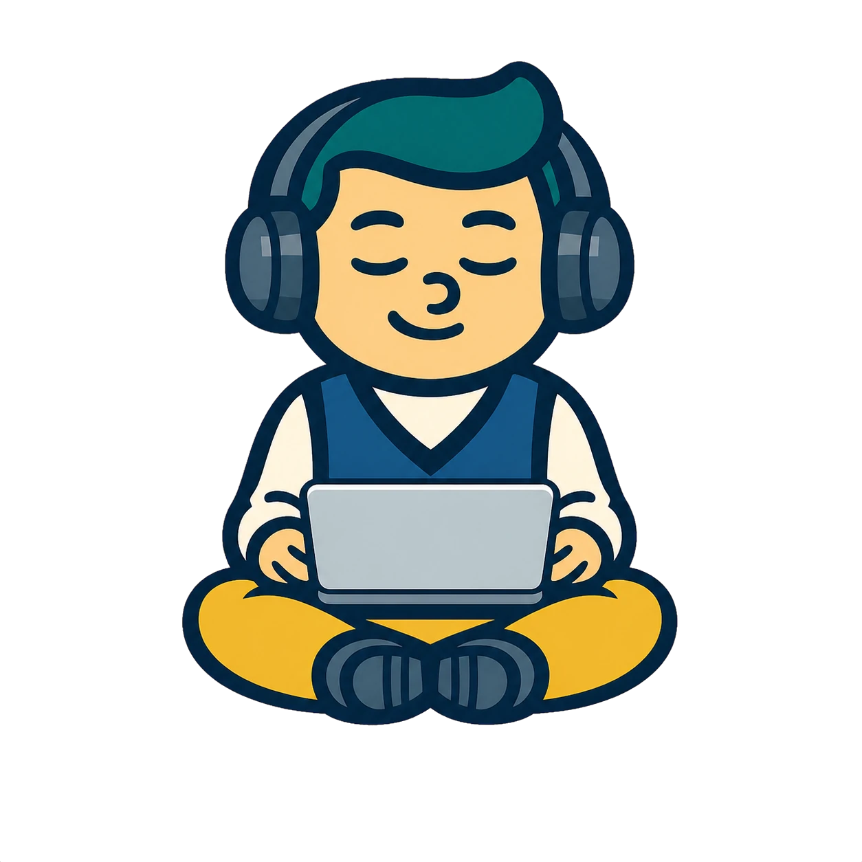 Mascote Enzo concentrado diante do laptop com fones over-ear